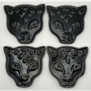 Set of 4 Ceramic Black Glossy Cat Cheetah Panther Coasters Drink Beverage Bar